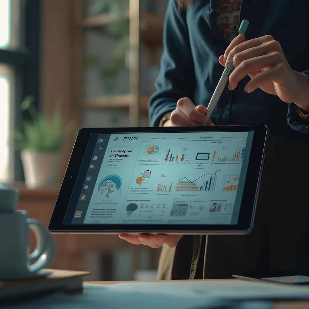 Insegnante che crea contenuti digitali su tablet